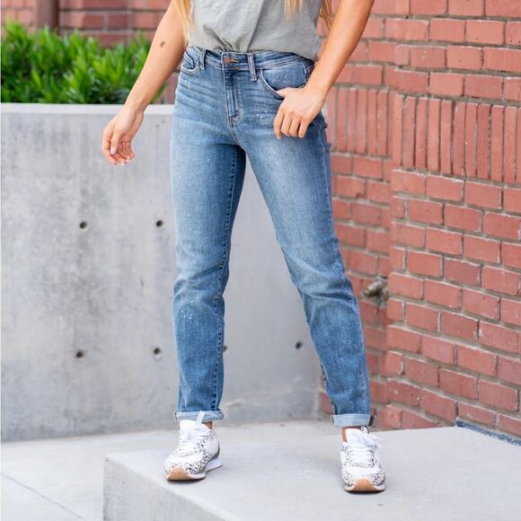 Judy Blue Denim - JUDY BLUE LANDER HIGH WAIST BLEACH SPLASH BOYFRIEND REGULAR JEANS SIZE 7 / 28